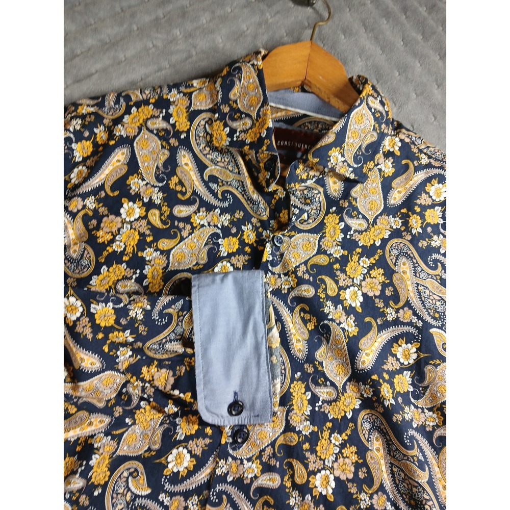 Consequence Mens Slim Fit Paisley Floral Button Down Shirt Navy Yellow Medium